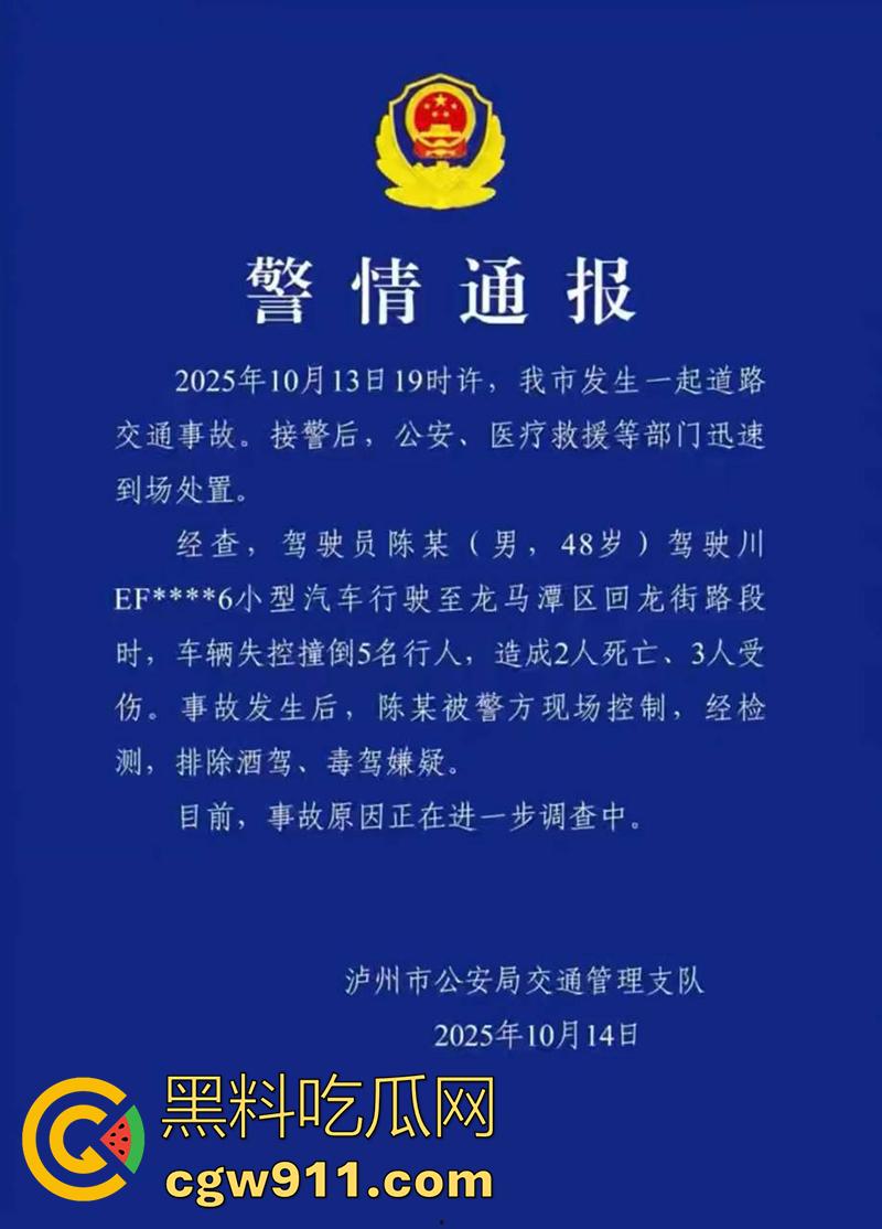 四川泸州龙马潭区，发生严重交通事故，小型汽车通过路口后加速撞向人行道，撞倒5名行人，导致2人当场死亡。